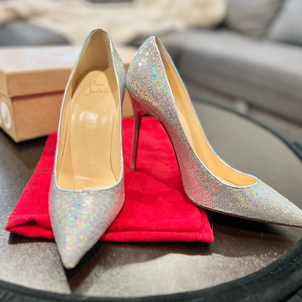 Louboutin Kate 100 Paill Hotfix/ Sp Laser Heels Silver Size 38.5